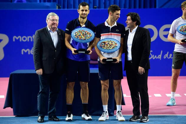 Nikola Cacis (Srb) Mate Pavic (Cro) Sebastien Grosjean - directeur du Tournoi Open Sud de France Pierre Douymayrou - President de la ligue Occitanie TENNIS : Open Sud de France 2020 - Finale Double - Montpellier - 09 02 2020 JBAutissier Panoramic 