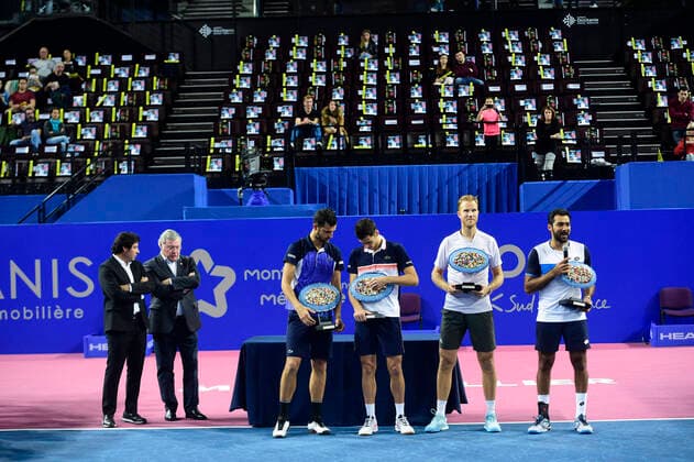 Nikola Cacis (Srb) Mate Pavic (Cro) Dominic Inglot (Bgr) Aisam UI Haq Qureshi (Pak) Sebastien Grosjean - directeur du Tournoi Open Sud de France Pierre Douymayrou - President de la ligue Occitanie TENNIS : Open Sud de France 2020 - Finale Double - Montpellier - 09 02 2020 JBAutissier Panoramic 