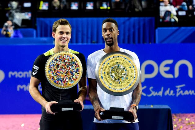 Gael Monfils (Fra) posant avec le trophee du Vainqueur et Vasek Pospisil (Can) TENNIS : Open Sud de France 2020 - Finale Simple - Montpellier - 09 02 2020 JBAutissier Panoramic 