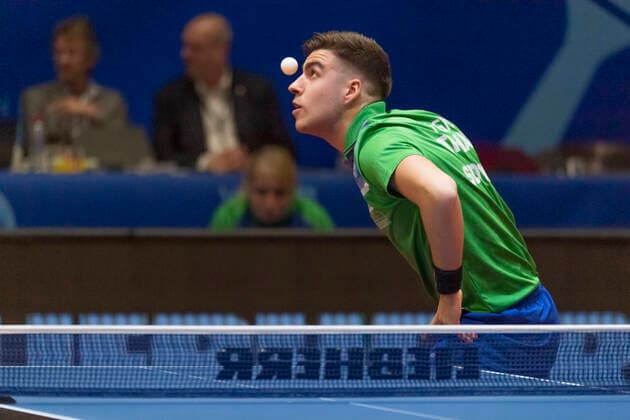 2020 Bilder des Jahres, Sport 02 Februar Sport Bilder des Tages Switzerland: Final of Top 16 Montreux 2020 Lausanne, Switzerland - 2020 02 09: Darko Jorgic of Slovenia the ball does to serve against Timo Boll of Germany in the final of the men s Table tennis, Tischtennis tournament at the CCB Europe Top 16 Montreux 2020 Montreux Switzerland Copyright: EricxDubost