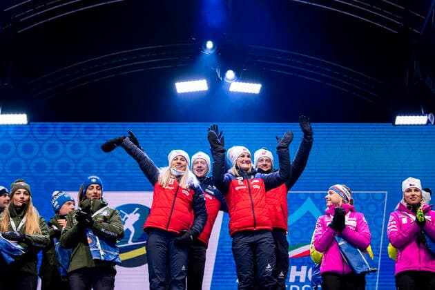 200213 Marte Olsbu Roiseland, Tiril Kampenhaug Eckhoff, Tarjei Bo of Norway and Johannes Thingnes Bo of Norway at the medal ceremony for mixed relay during the IBU Biathlon World Championships on February 13, 2020 in Antholz Photo Joel Marklund BILDBYRAN code JM 88107 bbeng biathlon biathlon Biathlon world cup IBU Biathlon World Championships 2020 Anterselva mixed relay mix relay relay medal ceremony medal ceremony,  Copyright: JOELxMARKLUND BB200213JM146