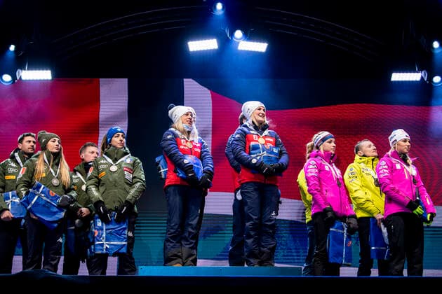 200213 Team Norway at the medal ceremony for mixed relay during the IBU Biathlon World Championships on February 13, 2020 in Antholz Photo Joel Marklund BILDBYRAN code JM 88107 bbeng biathlon biathlon World Cup biathlon World Cup IBU Biathlon World Championships 2020 Anterselva mixed relay mix relay medal ceremony,  Copyright: JOELxMARKLUND BB200213JM150