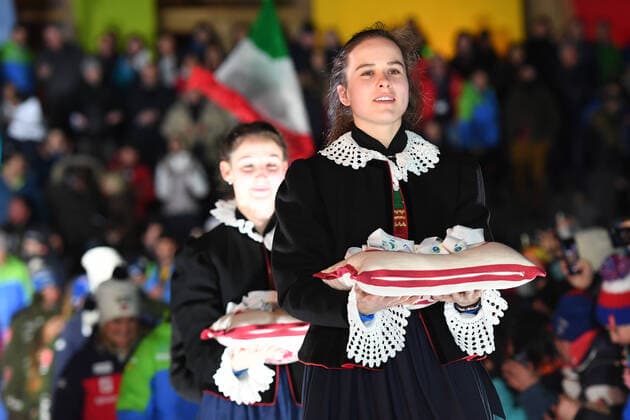BIATHLON medals girls at the award ceremony IBU World Biathlon Championship Antholz Mixed Relay on 13 02 2020, Italy, South Tyrol Antholz Anterselva Medal Plaza South Tyrol Italy