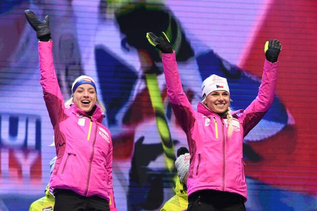 BIATHLON Team Czech Republic at the award ceremony IBU World Championship Biathlon Antholz Mixed Relay on 13 02 2020, Italy, South Tyrol Antholz Anterselva Medal Plaza South Tyrol Italy