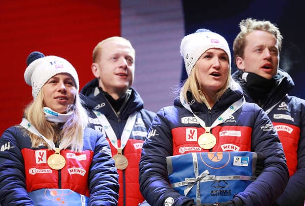 BIATHLON - IBU World Championships Antholz 2020 ANTHOLZ,ITALY,13.FEB.20 - BIATHLON - IBU World Championships 2020, 4x6km Mixed Relay. Image shows Johannes Thingnes Boe, Tiril Eckhoff, Marte Olsbu Roeiseland and Tarjei Boe (NOR). Keywords: medal. GEPAxpictures xAndreasxPranter