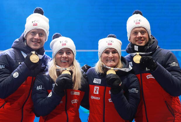 BIATHLON - IBU World Championships Antholz 2020 ANTHOLZ,ITALY,13.FEB.20 - BIATHLON - IBU World Championships 2020, 4x6km Mixed Relay. Image shows Johannes Thingnes Boe, Tiril Eckhoff, Marte Olsbu Roeiseland and Tarjei Boe (NOR). Keywords: medal. GEPAxpictures xAndreasxPranter