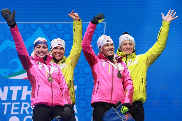 BIATHLON - IBU World Championships Antholz 2020 ANTHOLZ,ITALY,13.FEB.20 - BIATHLON - IBU World Championships 2020, 4x6km Mixed Relay. Image shows Ondrej Moravec, Michal Krcmar, Eva Kristejn Puskarcikova and Marketa Davidova (CZE). Keywords: medal. GEPAxpictures xAndreasxPranter