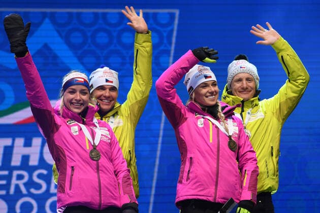 BIATHLON Team Czech Republic at the award ceremony IBU World Championship Biathlon Antholz Mixed Relay on 13 02 2020, Italy, South Tyrol Antholz Anterselva Medal Plaza South Tyrol Italy
