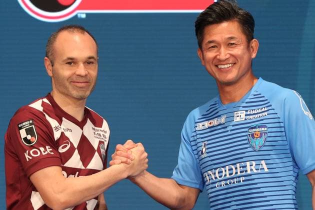 (L-R) Andres Iniesta (Vissel), Kazuyoshi Miura (Yokohama FC), FEBRUARY 14, 2020 - Football Soccer : 2020 J.LEAGUE Kickoff Conference in Tokyo, Japan. Noxthirdxpartyxsales (122296659)