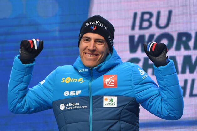 BIATHLON FILLON MAILLET Quentin FRA at the award ceremony of the World Championships Biathlon Antholz Sprint Men 15 02 2020, Italy, South Tyrol Antholz Anterselva Medal Plaza South Tyrol Italy
