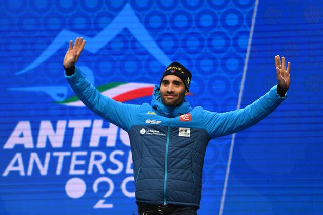BIATHLON FOURCADE Martin FRA at the award ceremony of the World Championship Biathlon Antholz Sprint Men 15 02 2020, Italy, South Tyrol Antholz Anterselva Medal Plaza South Tyrol Italy