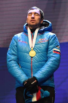 BIATHLON LOGINOV Alexander RUS at the award ceremony of the World Championship Biathlon Antholz Mens Sprint on 15 02 2020, Italy, South Tyrol Antholz Anterselva Medal Plaza South Tyrol Italy