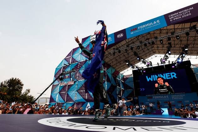 New Zealander driver Mitch Evans of the Panasonic Jaguar Racing team celebrates the first place during the Grand Prix of Formula E at the Autodromo Hermanos Rodriguez of Mexico City, Mexico, 15 February 2020. Grand Prix of Formula E in Mexico City !ACHTUNG: NUR REDAKTIONELLE NUTZUNG!  Copyright: xJosexMendezx AME3046 20200216-637174144753820209
