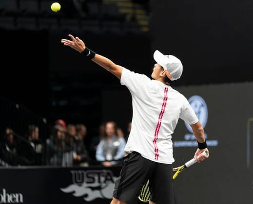 New York Open 2020 semifinals ATP, Tennis Herren 250 Jason Jung of Taipei serves during semifinal match against Andreas Seppi of Italy at ATP 250 New York Open 2020 tennis tournament at Nassau Coliseum, Seppi won match Hempstead New York United States Copyright: LevxRadin