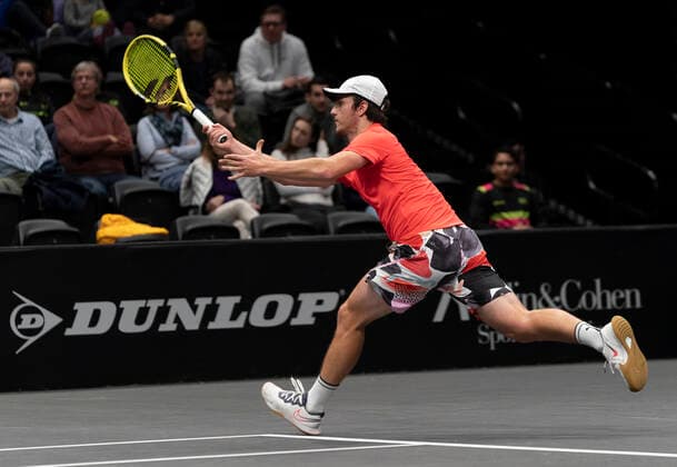 New York Open 2020 semifinals ATP, Tennis Herren 250 Miomir Kecmanovic of Serbia returns ball during semifinal match against Kyle Edmund of Great Britain at ATP 250 New York Open 2020 tennis tournament at Nassau Coliseum, Edmund won match Hempstead New York United States Copyright: LevxRadin