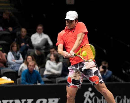 New York Open 2020 semifinals ATP, Tennis Herren 250 Miomir Kecmanovic of Serbia returns ball during semifinal match against Kyle Edmund of Great Britain at ATP 250 New York Open 2020 tennis tournament at Nassau Coliseum, Edmund won match Hempstead New York United States Copyright: LevxRadin