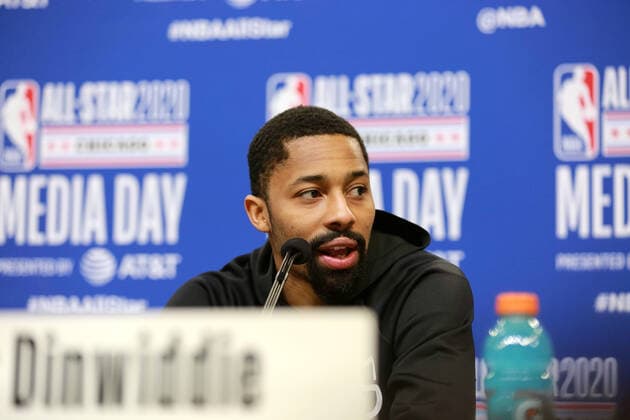 (200216) -- CHICAGO, Feb. 16, 2020 -- Spencer Dinwiddie of the Brooklyn Nets speaks during NBA, Basketball Herren, USA All-Star Practice & Media day at Wintrust Arena in Chicago, the United States, on Feb. 15, 2020. Star players attending the 2020 NBA All-Star weekend on Saturday voiced their support for China s fight against the ongoing coronavirus outbreak. ) (SP)U.S.-CHICAGO-NBA-ALL STAR 2020-FIGHT AGAINST VIRUS WangxPing 