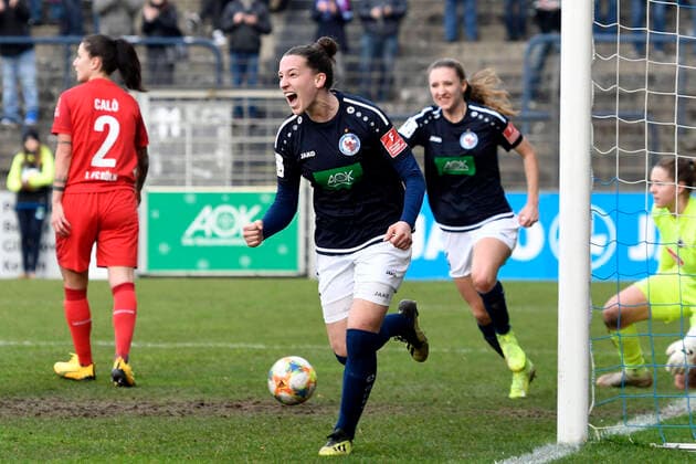 Sara Agrez Potsdam, 2, mi cheers goal 5 0, cheers, jubilation, joy, victory, joy, success, 1 FFC Turbine Potsdam 1 FC Köln, football, women, Bundesliga, season 2019 2020, Potsdam, 16 02 2020, Germany, DFB DFL REGULATIONS PROHIBIT ANY USE OF PHOTOGRAPHS AS IMAGE SEQUENCES AND OR QUASI VIDEO xjkx