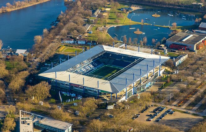 Aerial view, football stadium Schauinsland Reisen Arena, MSV Duisburg Arena, Sportpark Duisburg, Duisburg, Ruhr area, North Rhine-Westphalia, Germany ATTENTIONxMINDESTHONORARx60xEURO