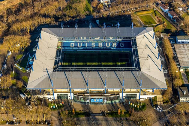 Aerial view, football stadium Schauinsland Reisen Arena, MSV Duisburg Arena, Sportpark Duisburg, Duisburg, Ruhr area, North Rhine-Westphalia, Germany ATTENTIONxMINDESTHONORARx60xEURO