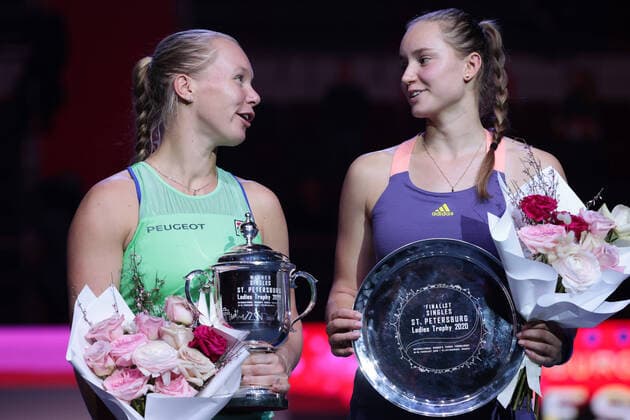 SAINT PETERSBURG, RUSSIA - FEBRUARY 16:Kiki Bertens (L) and Elena Rybakina (R) poses during award ceremony WTA, Tennis Damen tennis tournament St. Petersburg Ladies Trophy 2020 on February 16, 2020, at Sibur Arena in St.Petersburg, Russia. (Photo by Anatoliy Medved Icon Sportswire) TENNIS: FEB 16 St. Petersburg Ladies Trophy Icon200021606