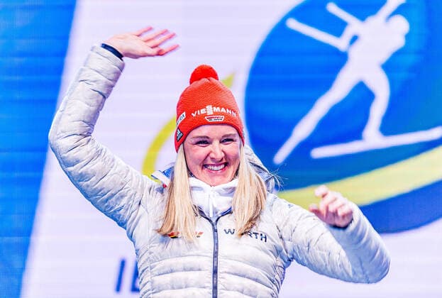 16 02 2020, Suedtirol Arena, Antholz, ITA, IBU World Championships Biathlon, women, 10 km Pursuit of IBU Biathlon World Championships 2020 at the Suedtirol Arena in Antholz, Italy on 2020 02 16 Antholz, in the picture silver medalist Denise Herrmann GER Silver medalist Denise Herrmann of Germany during the winner Ceremony for the women s 10 km Pursuit of IBU Biathlon World Championships 2020 at the Suedtirol Arena in Antholz, Italy on 2020 02 16 Antholz  EP_ade