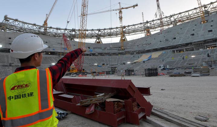 FIFA Fußball WM 2022, Sportstätten, Lusail Iconic Stadion (200217) -- DOHA, Feb. 17, 2020 (Xinhua) -- Photo taken on Feb. 16, 2020 shows the inner view of the Lusail Stadium, one of the 2022 FIFA World Cup, WM, Weltmeisterschaft, Fussball stadiums, in Lusail, Qatar. The installation of the main steel frame of Lusail Stadium, built by China Railway Construction Corporation (CRCC), completed on Sunday. (Photo by Nikku Xinhua) (SP)QATAR-DOHA-2022 FIFA WORLD CUP-MAIN STADIUM 