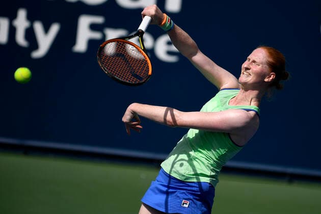 Belgian Alison Van Uytvanck pictured in action during a game between Belgian Alison Van Uytvanck and Czech Katerina Sinioakova in the women s singles last qualification round at the 2020 Dubai Tennis Championships, in Dubai, United Arab Emirates, Monday 17 February 2020. YORICKxJANSENS  x2475840x