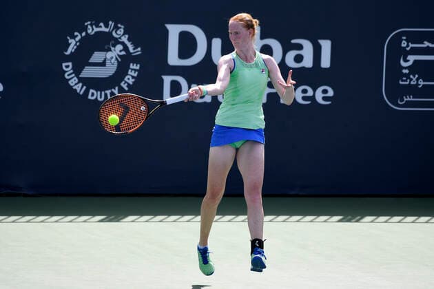 Belgian Alison Van Uytvanck pictured in action during a game between Belgian Alison Van Uytvanck and Czech Katerina Sinioakova in the women s singles last qualification round at the 2020 Dubai Tennis Championships, in Dubai, United Arab Emirates, Monday 17 February 2020. YORICKxJANSENS  x2475846x