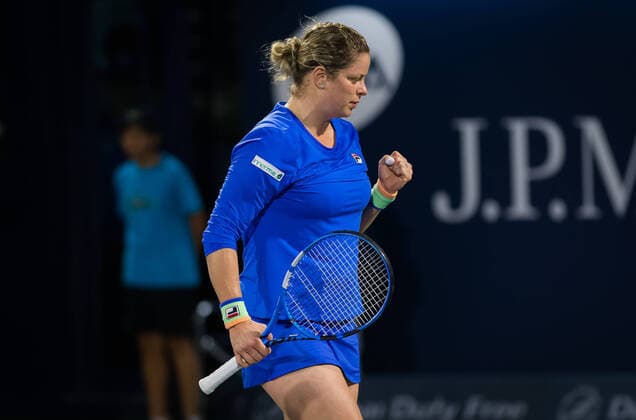 February 17, 2020, Dubai, UNITED ARAB EMIRATES: Kim Clijsters of Belgium in action during the first round of the 2020 Dubai Duty Free Tennis Championships WTA, Tennis Damen Premier tennis tournament against Garbine Muguruza of Spain 2020 Dubai Duty Free Tennis Championships, Tennis, Dubai, Unied Arab Emirates, Feb 17 - ZUMAa181 20200217_zaa_a181_109 Copyright: xAFP7x
