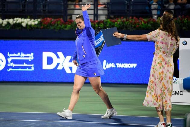 Belgian Kim Clijsters leaves after she lost a game between Belgian Kim Clijsters and Spanish Garbine Muguruza in the women s singles first round at the 2020 Dubai Tennis Championships, in Dubai, United Arab Emirates, Monday 17 February 2020. YORICKxJANSENS  x2476037x