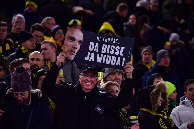 Football Champions League Round of 16 Borussia Dortmund Paris Saint Germain on 18 02 2020 at Signal Iduna Park in Dortmund Fan with poster DFL Regulations prohibit any use of photographs as image sequences and or quasi video xMNx