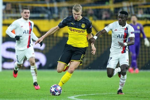 18 02 2020, Football, UCL Saison 2019 2020, UEFA Champions League, Round of 16 Borussia Dortmund Paris Saint Germain v l Erling Haaland Borussia Dortmund , Idrissa Gueye Paris Saint Germain Dortmund Signal Iduna Park NRW Germany xRHR FOTO DEx