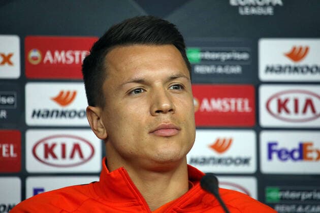 KHARKIV, UKRAINE - FEBRUARY 19, 2020 - Midfielder Yevhen Konoplyanka of FC Shakhtar Donetsk is pictured during a pre-match news conference before the UEFA Europa League Round of 32 1st leg game against S.L. Benfica at the Metalist Stadium Regional Sports Complex, Kharkiv, northeastern Ukraine. Shakhtar holds pre-match news conference ahead of Europa League game against Benfica  Copyright: xVyacheslavxMadiyevskyyx