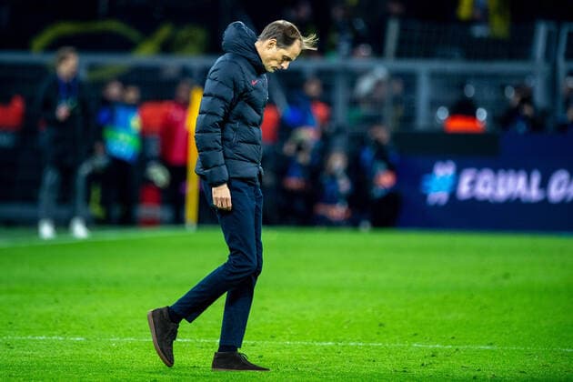 Coach Thomas TUCHEL PSG looks down after the game, looks down, frustrated, frustrated, disappointed, disappointed, disappointed, disappointed, sad, whole figure, Football Champions League, Round of 16, Borussia Dortmund DO Paris St Germain PSG 2 1, on 18 02 2020 in Dortmund Germany Â