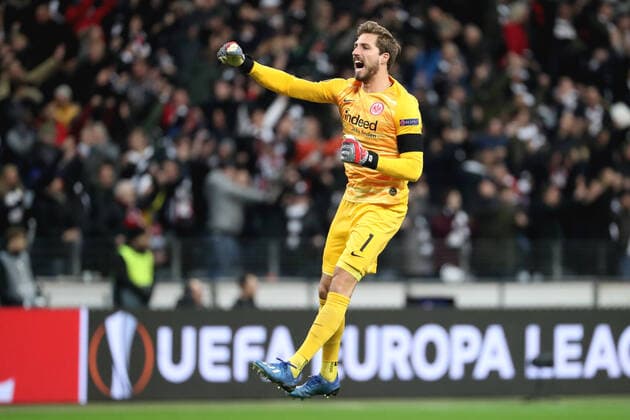 Football Europa League Eintracht Frankfurt RB Salzburg on 20 02 2020 in the Commerzbank Arena in Frankfurt Goalkeeper Kevin Trapp Frankfurt cheers on the goal for 3 to 0 by Daichi Kamada Frankfurt MH