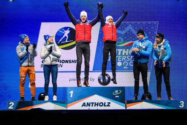200220 Erik Lesser and Franziska Preuss of Germany, Johannes Thingnes Bo and Marte Olsbu Roiseland of Norway, Anais Bescond and Emilien Jacquelin of France celebrate at the medal ceremony for single mixed relay during the IBU Biathlon World Championships on February 20, 2020 in Antholz Photo Joel Marklund BILDBYRAN code JM 88118 bbeng biathlon biathlon World Cup biathlon World Cup IBU Biathlon World Championships 2020 Anterselva single mixed relay relay single mix relay single mix relay medal ceremony medal ceremony norway jubilee france,  Copyright: JOELxMARKLUND BB200220JM115