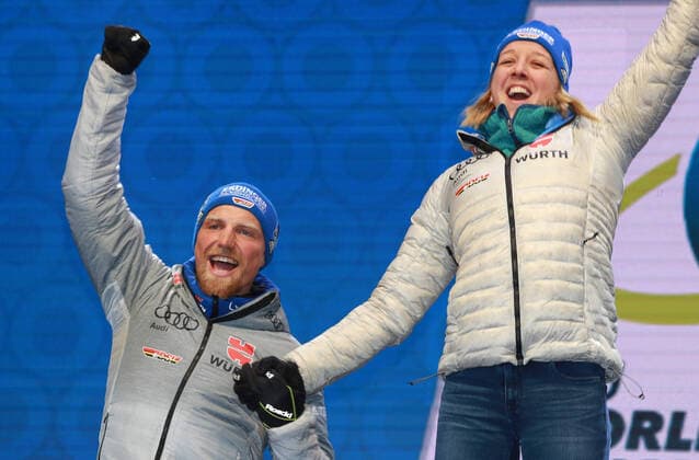 BIATHLON - IBU World Championships Antholz 2020 ANTHOLZ,ITALY,20.FEB.20 - BIATHLON - IBU World Championships 2020, single mixed relay. Image shows the rejoicing of Erik Lesser and Franziska Preuss (GER). GEPAxpictures xAndreasxPranter