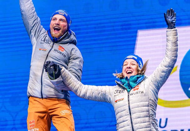 20 02 2020, Suedtirol Arena, Antholz, ITA, IBU World Championships Biathlon, Single Mixed Relay, Award ceremony, in the picture silver medalist by Erik Lesser GER , Franziska Preuss GER Silver medalist by Erik Lesser and Franziska Preuss of Germany during the winner ceremony for the Single mixed relay of IBU Biathlon World Championships 2020 at the Suedtirol Arena in Antholz, Italy on 2020 02 20 Antholz  EP_ade