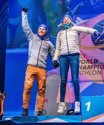 20 02 2020, Suedtirol Arena, Antholz, ITA, IBU World Championships Biathlon, Single Mixed Relay, Award ceremony, in the picture silver medalist by Erik Lesser GER , Franziska Preuss GER Silver medalist by Erik Lesser and Franziska Preuss of Germany during the winner ceremony for the Single mixed relay of IBU Biathlon World Championships 2020 at the Suedtirol Arena in Antholz, Italy on 2020 02 20 Antholz  EP_ade