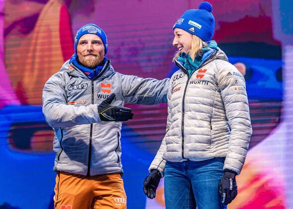 20 02 2020, Suedtirol Arena, Antholz, ITA, IBU World Championships Biathlon, Single Mixed Relay, Award ceremony, in the picture silver medalist by Erik Lesser GER , Franziska Preuss GER Silver medalist by Erik Lesser and Franziska Preuss of Germany during the winner ceremony for the Single mixed relay of IBU Biathlon World Championships 2020 at the Suedtirol Arena in Antholz, Italy on 2020 02 20 Antholz  EP_ade