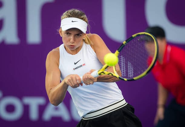 February 21, 2020, Dubai, UNITED ARAB EMIRATES: Barbara Haas of Austria during her qualifications match at the 2020 Qatar Total Open WTA, Tennis Damen Premier 5 tennis tournament against Camila Giorgi of Italy 2020 Qatar Total Open, Tennis, Doha, Qatar, Feb 21 - ZUMAa181 20200221_zaa_a181_024 Copyright: xRobxPrangex