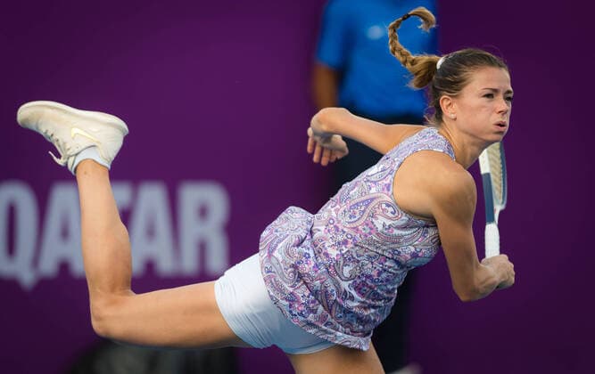 February 21, 2020, Dubai, UNITED ARAB EMIRATES: Camila Giorgi of Italy during her qualifications match at the 2020 Qatar Total Open WTA, Tennis Damen Premier 5 tennis tournament against Barbara Haas of Austria 2020 Qatar Total Open, Tennis, Doha, Qatar, Feb 21 - ZUMAa181 20200221_zaa_a181_026 Copyright: xRobxPrangex