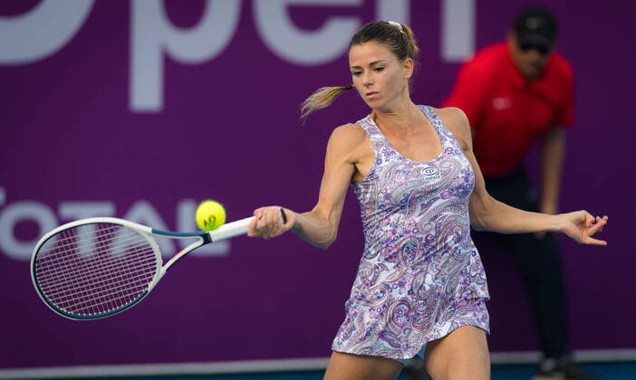 February 21, 2020, Dubai, UNITED ARAB EMIRATES: Camila Giorgi of Italy during her qualifications match at the 2020 Qatar Total Open WTA, Tennis Damen Premier 5 tennis tournament against Barbara Haas of Austria 2020 Qatar Total Open, Tennis, Doha, Qatar, Feb 21 - ZUMAa181 20200221_zaa_a181_025 Copyright: xRobxPrangex