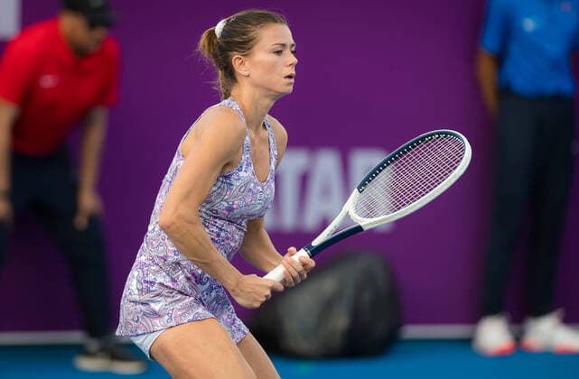 February 21, 2020, Dubai, UNITED ARAB EMIRATES: Camila Giorgi of Italy during her qualifications match at the 2020 Qatar Total Open WTA, Tennis Damen Premier 5 tennis tournament against Barbara Haas of Austria 2020 Qatar Total Open, Tennis, Doha, Qatar, Feb 21 - ZUMAa181 20200221_zaa_a181_027 Copyright: xRobxPrangex