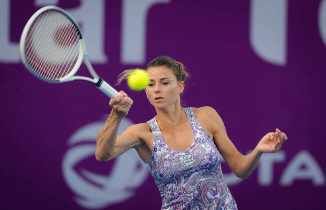 February 21, 2020, Dubai, UNITED ARAB EMIRATES: Camila Giorgi of Italy during her qualifications match at the 2020 Qatar Total Open WTA, Tennis Damen Premier 5 tennis tournament against Barbara Haas of Austria 2020 Qatar Total Open, Tennis, Doha, Qatar, Feb 21 - ZUMAa181 20200221_zaa_a181_029 Copyright: xRobxPrangex