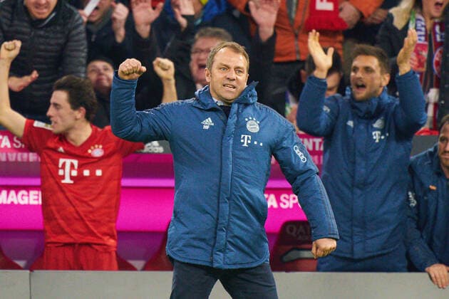 Football Munich - Paderborn, Munich Feb 21, 2020. headcoach Hansi FLICK (FCB), team manager, coach, celebrates 2-1 goal Robert LEWANDOWSKI, FCB 9 , happy, laugh, celebration, FC BAYERN MUNICH - SC PADERBORN 07 - DFL REGULATIONS PROHIBIT ANY USE OF PHOTOGRAPHS as IMAGE SEQUENCES and or QUASI-VIDEO - 1.German Soccer League , Munich, February 21, 2020. Season 2019 2020, match day 23, FCB, München