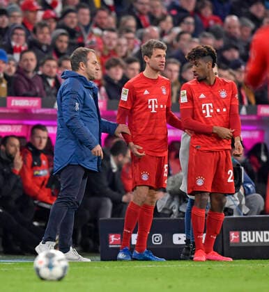 21 02 2020, Football 1 Bundesliga 2019 2020, 23 matchday, FC Bayern München SC Paderborn 07, at the Allianz Arena Munich by coach Hans Dieter Flick FC Bayern München Thomas Müller FC Bayern München and Kingsley Coman Bayern München DFL and DFB regulations prohibit any use of photographs as image sequences and or quasi video