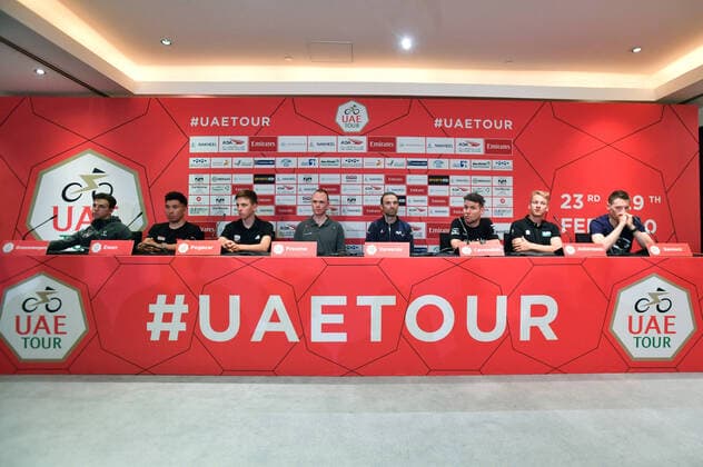 Photo LaPresse - Massimo Paolone February 22, 2020 Dubai (United Arab Emirates) Cycling UAE Tour 2020 - The Westin Dubai Mina Seyahi - Top riders press conference, PK, Pressekonferenz In the pic: KELDERMAN Wilco(NED), CAVENDISH Mark(GBR), EWAN Caleb(AUS), POGACAR Tadej(SLO), FROOME Chris(GBR)(TEAM INEOS), VALVERDE Alejandro(ESP), BENNETT Sam(IRL), ACKERMANN Pascal(GER) Copyright: xMassimoxPaolone LaPresse LaPressx