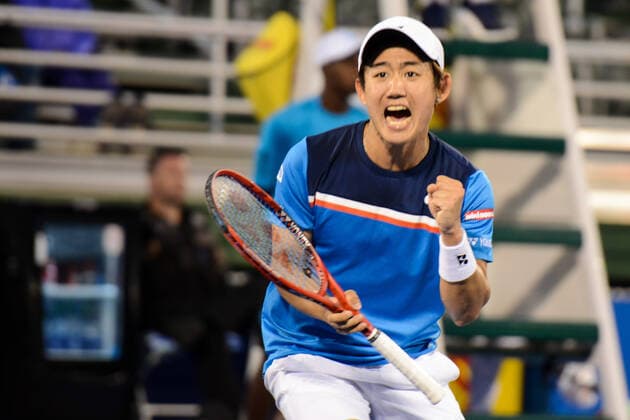 February 22, 2020, Delray Beach, Florida, United Sates: Yoshihito Nishioka of Japan celebrates winning a game in his semifinal match v. U. Humbert in the Delray Beach Open tennis tournament in Delray Beach Florida. He won the match 1-6, 6-4, 6-0. Tennis 2020: Delray Beach Open - ZUMAl132 20200222_zap_l132_017 Copyright: xChristopherxLevyx